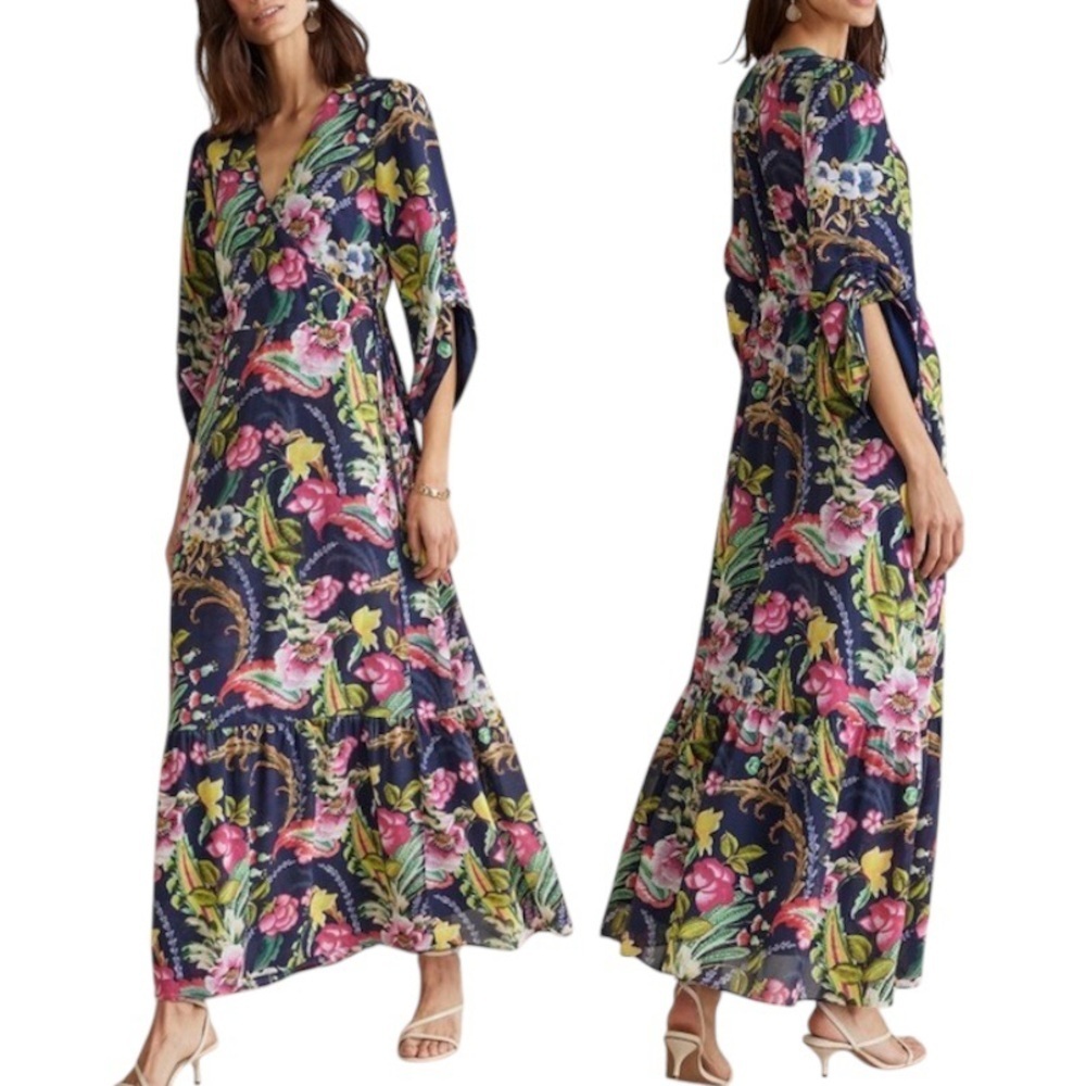 Soft Surroundings Romantic Bold Bright Floral Faux Wrap Maxi Dress Women’s M‎